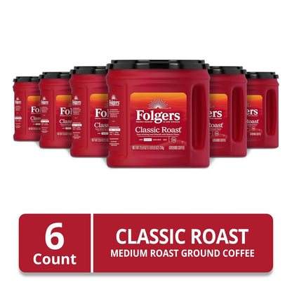 Folgers Classic Roast Medium Roast Ground Coffee 25.9 oz Canisters (6 Pack), Rich Smooth Flavor, Caffeinated Coffee