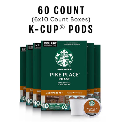 Starbucks Pike Place Roast Medium Roast K-Cup Coffee Pods 60 Count, Keurig Compatible, Arabica Coffee, Smooth Cocoa Notes