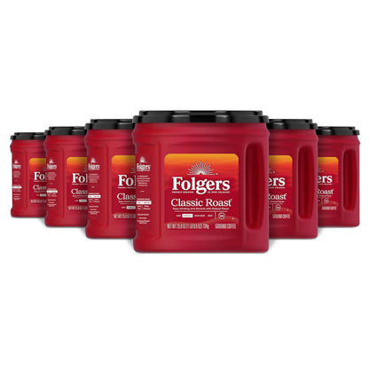Folgers Classic Roast Medium Roast Ground Coffee 25.9 oz Canisters (6 Pack), Rich Smooth Flavor, Caffeinated Coffee