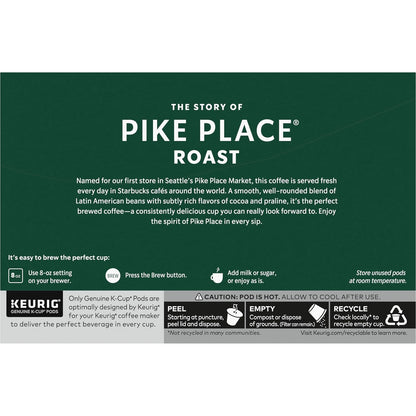 Starbucks Pike Place Roast Medium Roast K-Cup Coffee Pods 60 Count, Keurig Compatible, Arabica Coffee, Smooth Cocoa Notes