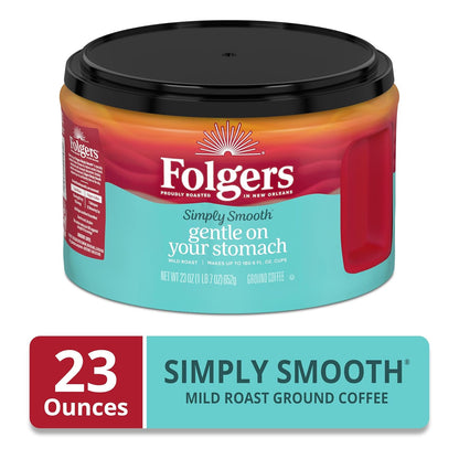 Folgers Simply Smooth Medium Roast Ground Coffee 23 oz Canister, AromaSeal Container, Smooth Flavor, Stomach Friendly Coffee