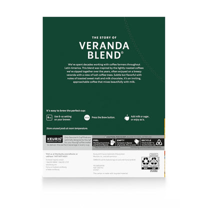 Starbucks Veranda Blend Blonde Roast K-Cup Coffee Pods 60 Count, Keurig Compatible, Arabica Coffee, Smooth Malt Flavor