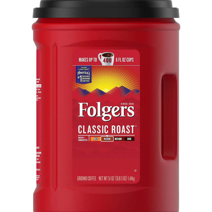 Folgers Classic Medium Roast Ground Coffee 51 oz Canister, Rich Smooth Flavor, Finely Ground, Aroma Seal Container
