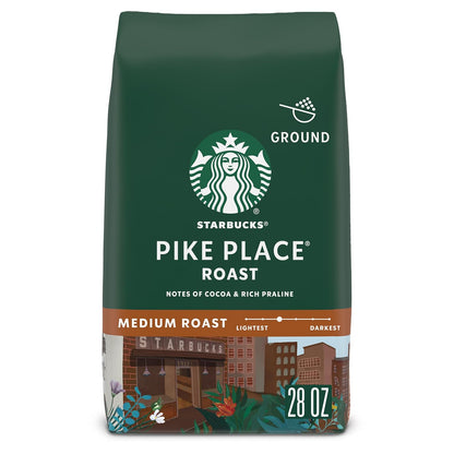 Starbucks Pike Place Roast Medium Roast Ground Coffee 28 oz Bag, 100% Arabica Beans, Smooth Cocoa & Praline Notes