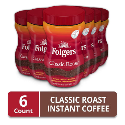 Folgers Classic Roast Instant Coffee 12 oz Jar (6 Pack), Medium Roast Coffee Crystals, Rich Aroma, Smooth Flavor