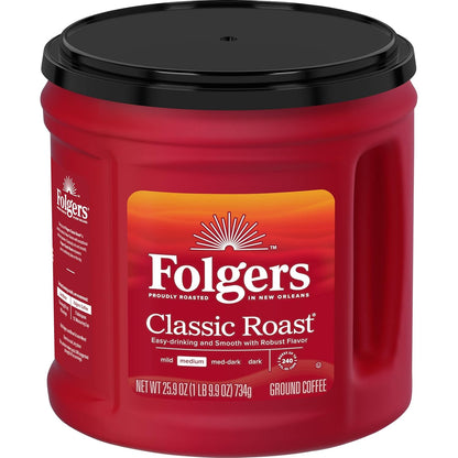 Folgers Classic Roast Medium Roast Ground Coffee 25.9 oz Canisters (6 Pack), Rich Smooth Flavor, Caffeinated Coffee