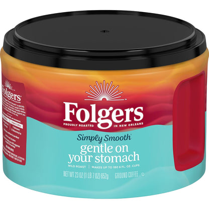 Folgers Simply Smooth Medium Roast Ground Coffee 23 oz Canister, AromaSeal Container, Smooth Flavor, Stomach Friendly Coffee