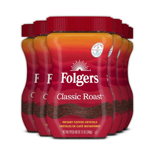 Folgers Classic Roast Instant Coffee 12 oz Jar (6 Pack), Medium Roast Coffee Crystals, Rich Aroma, Smooth Flavor