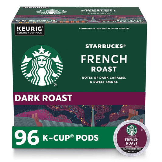 Starbucks French Roast Dark Roast K-Cup Coffee Pods 96 Count, Keurig Compatible, Arabica Coffee, Smoky Caramel Flavor