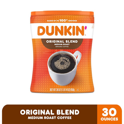 Dunkin' Original Blend Medium Roast Ground Coffee 30 oz Canister, Arabica Beans, Rich Smooth Flavor, Hot or Iced
