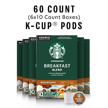 Starbucks Breakfast Blend Medium Roast K-Cup Coffee Pods 60 Count, Keurig Compatible, Arabica Coffee, Smooth Citrus Notes
