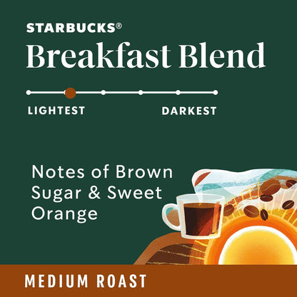 Starbucks Breakfast Blend Medium Roast K-Cup Coffee Pods 60 Count, Keurig Compatible, Arabica Coffee, Smooth Citrus Notes