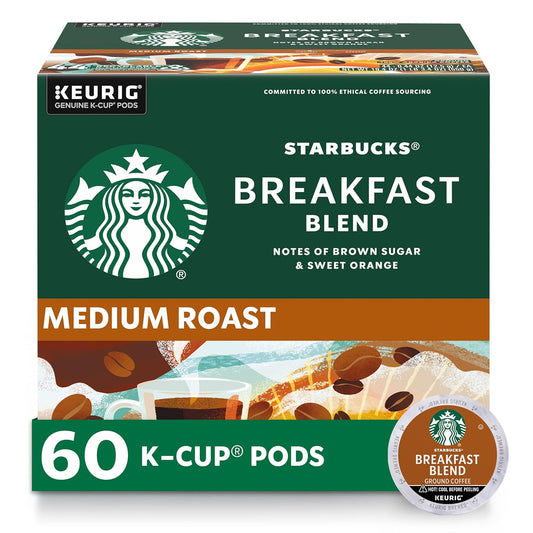 Starbucks Breakfast Blend Medium Roast K-Cup Coffee Pods 60 Count, Keurig Compatible, Arabica Coffee, Smooth Citrus Notes