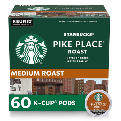 Starbucks Pike Place Roast Medium Roast K-Cup Coffee Pods 60 Count, Keurig Compatible, Arabica Coffee, Smooth Cocoa Notes