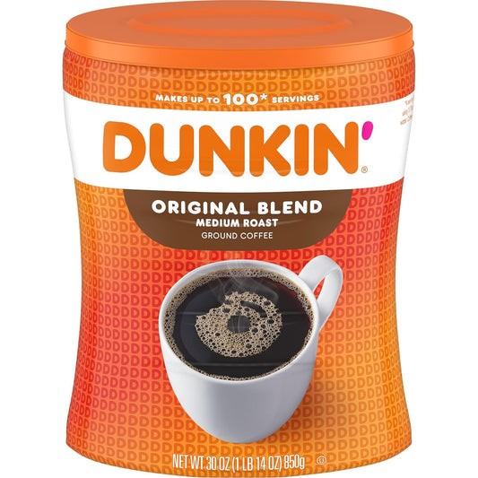 Dunkin' Original Blend Medium Roast Ground Coffee 30 oz Canister, Arabica Beans, Rich Smooth Flavor, Hot or Iced