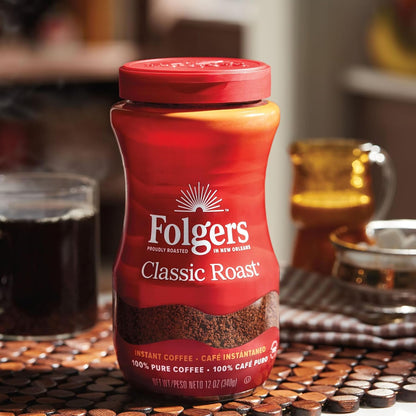 Folgers Classic Roast Instant Coffee 12 oz Jar (6 Pack), Medium Roast Coffee Crystals, Rich Aroma, Smooth Flavor