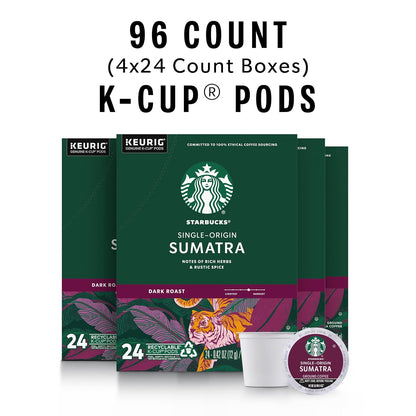 Starbucks Sumatra Dark Roast K-Cup Coffee Pods 96 Count, Keurig Compatible, 100% Arabica Coffee, Rich Herbal Spice Notes