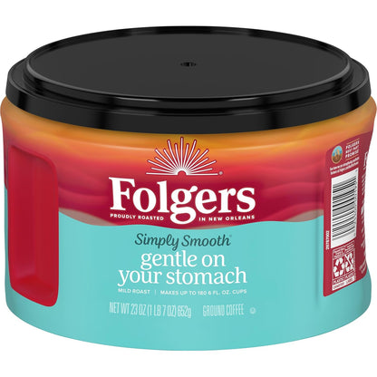 Folgers Simply Smooth Medium Roast Ground Coffee 23 oz Canister, AromaSeal Container, Smooth Flavor, Stomach Friendly Coffee