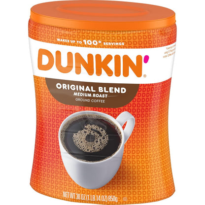 Dunkin' Original Blend Medium Roast Ground Coffee 30 oz Canister, Arabica Beans, Rich Smooth Flavor, Hot or Iced
