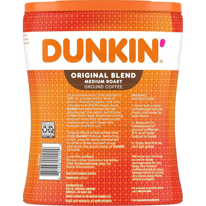 Dunkin' Original Blend Medium Roast Ground Coffee 30 oz Canister, Arabica Beans, Rich Smooth Flavor, Hot or Iced